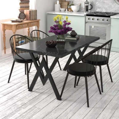 Evdemo Eylül 4 Kişilik Mutfak Masası Takımı Siyah Mermer Desen Siyah