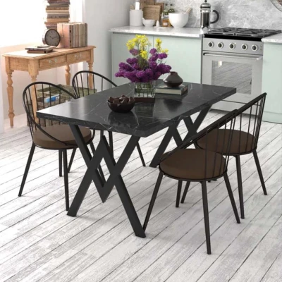 [EVDEMO-144] Evdemo Eylül 4 Kişilik Mutfak Masası Takımı Siyah Mermer Desen Kahverengi