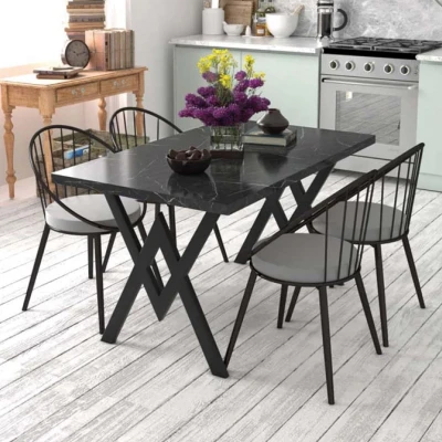 [EVDEMO-142] Evdemo Eylül 4 Kişilik Mutfak Masası Takımı Siyah Mermer Desen Gri