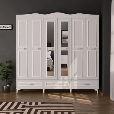 [EVDEMO-1892] Luna 6 Kapaklı 3 Çekmeceli Aynalı Gardırop Beyaz