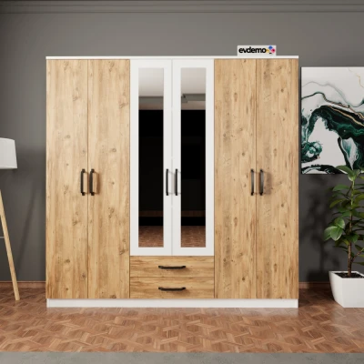 [EVDEMO-1867] Prag 6 Kapak 2 Çekmeceli Aynalı Gardırop Atlantik Çam Beyaz