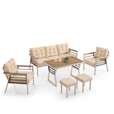 [EVDEMO-1857] Lara Metal Puflu Bahçe Balkon Takımı 3+1+1+Ahşap Masa Cappuccino