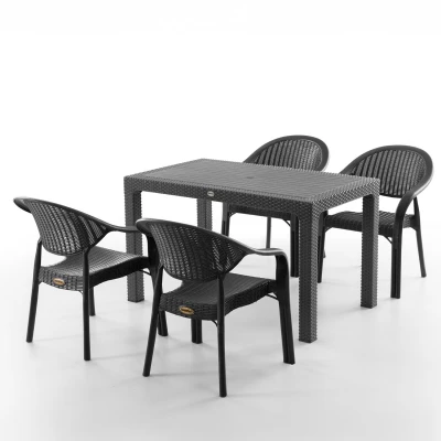 [EVDEMO-2105] Bamboo 4 Kişilik Rattan Masa Sandalye Takımı Siyah