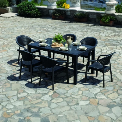 Bamboo 6 Kişilik Rattan Masa Sandalye Takımı Siyah