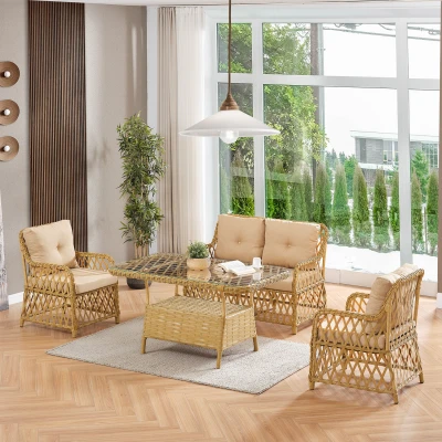 [EVDEMO-2343] Roma Rattan Bahçe Balkon Takımı 2+1+1 Cam Masalı Cappuccino