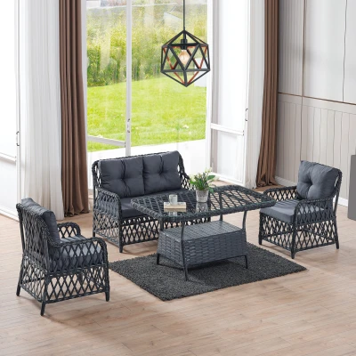 Roma Rattan Bahçe Balkon Takımı 2+1+1 Cam Masalı Antrasit