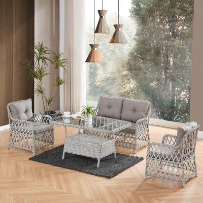 [EVDEMO-2340] Roma Rattan Bahçe Balkon Takımı 2+1+1 Cam Masalı Gri