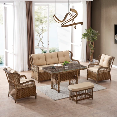 [EVDEMO-2338] Paris Rattan Puflu Bahçe Balkon Takımı 3+1+1 Cam Masalı Kahve