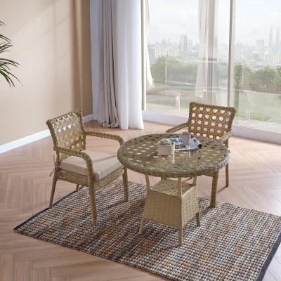 [EVDEMO-2233] Ayaz 2 Kişilik Rattan Bahçe Balkon Mutfak Masa Takımı Cappuccino