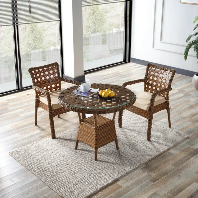 [EVDEMO-2232] Ayaz 2 Kişilik Rattan Bahçe Balkon Mutfak Masa Takımı Kahve