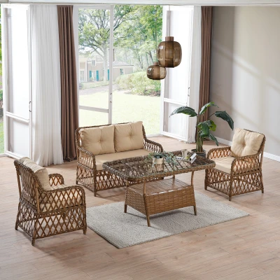 [EVDEMO-2342] Roma Rattan Bahçe Balkon Takımı 2+1+1 Cam Masalı Kahve