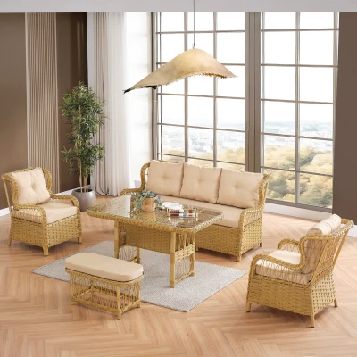 Paris Rattan Puflu Bahçe Balkon Takımı 3+1+1 Cam Masalı Cappuccino