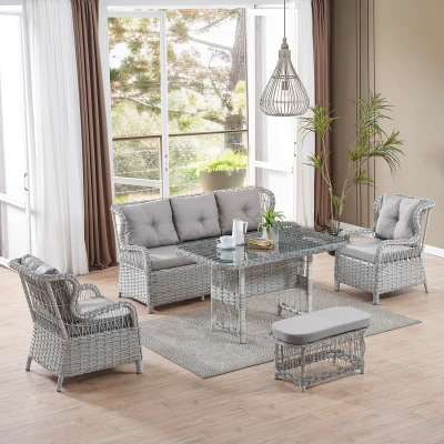 [EVDEMO-2336] Paris Rattan Puflu Bahçe Balkon Takımı 3+1+1 Cam Masalı Gri