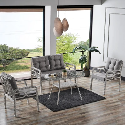 [EVDEMO-1914] Rio Rattan Bahçe Balkon Oturma Takımı 2+1+1+Camlı Masa Kemik Rengi