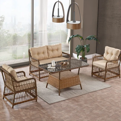 [EVDEMO-1907] Breda Rattan Örgü Bahçe Balkon Takımı 2+1+1 Cam Masalı Kahve