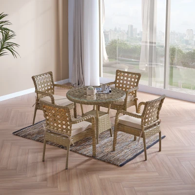 [EVDEMO-2229] Ayaz 4 Kişilik Rattan Bahçe Balkon Mutfak Masa Takımı Cappuccino