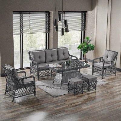 [EVDEMO-1917] Edra Rattan Puflu Bahçe Balkon Takımı 3+1+1+Camlı Masa Gri