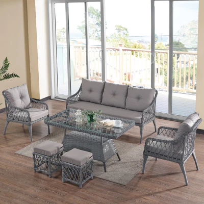 Joy Rattan Puflu Bahçe Balkon Takımı 3+1+1+ Camlı Masa Gri