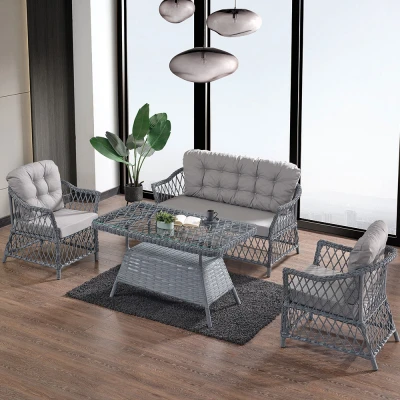 Icon Rattan Bahçe Balkon Oturma Takımı 2+1+1+Camlı Masa Gri