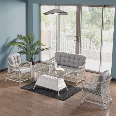 Icon Rattan Bahçe Balkon Oturma Takımı 2+1+1+Camlı Masa Kemik Rengi