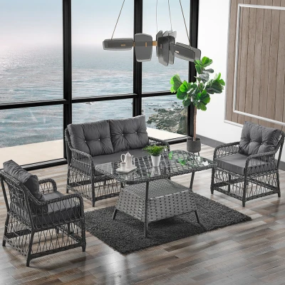 [EVDEMO-1906] Breda Rattan Örgü Bahçe Balkon Takımı 2+1+1 Cam Masalı Antrasit