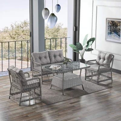 [EVDEMO-1905] Breda Rattan Örgü Bahçe Balkon Takımı 2+1+1 Cam Masalı Gri