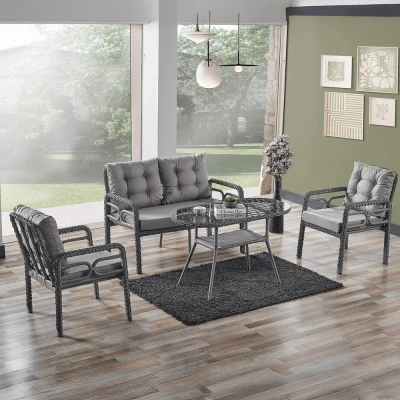 [EVDEMO-1915] Rio Rattan Bahçe Balkon Oturma Takımı 2+1+1+Camlı Masa Gri