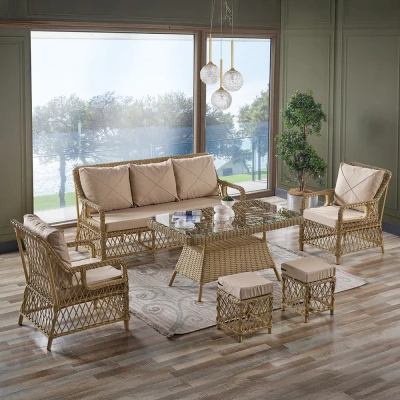 [EVDEMO-1918] Edra Rattan Puflu Bahçe Balkon Takımı 3+1+1+Camlı Masa Cappuccino