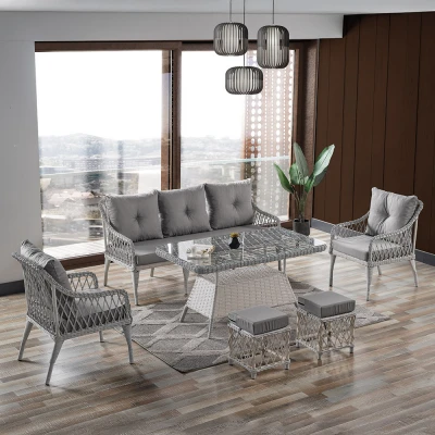 Joy Rattan Puflu Bahçe Balkon Takımı 3+1+1+ Camlı Masa Kemik Rengi