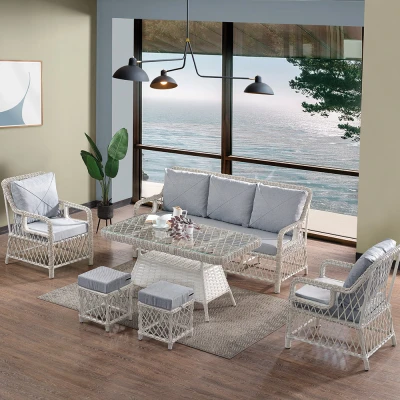 [EVDEMO-1916] Edra Rattan Puflu Bahçe Balkon Takımı 3+1+1+Camlı Masa Kemik Rengi