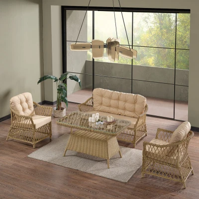 Icon Rattan Bahçe Balkon Oturma Takımı 2+1+1+Camlı Masa Cappuccino