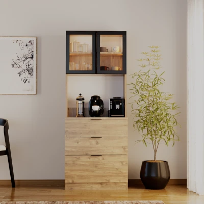 Sierra Temperli Cam Kapaklı Ledli Kahve Köşesi Mutfak Kiler Dolabı Çam