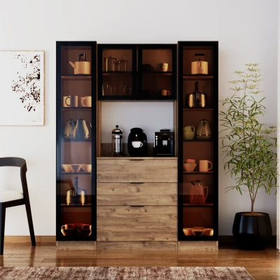 [EVDEMO-2324] Sierra Temperli Cam 4 Kapaklı Ledli Kahve Köşesi Mutfak Kiler Dolabı Çam