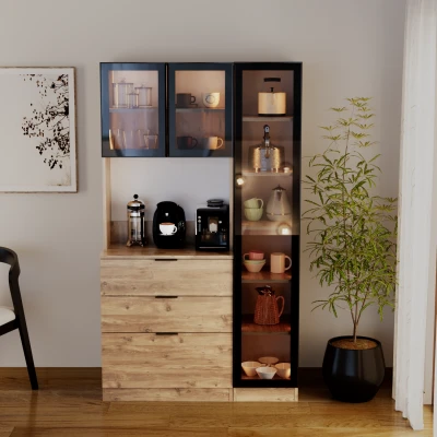 [EVDEMO-2322] Sierra Temperli Cam 3 Kapaklı Ledli Kahve Köşesi Mutfak Kiler Dolabı Çam