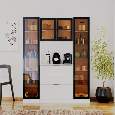 [EVDEMO-2323] Sierra Temperli Cam 4 Kapaklı Ledli Kahve Köşesi Mutfak Kiler Dolabı Beyaz