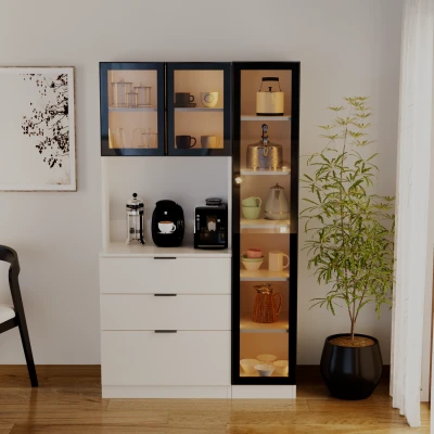 [EVDEMO-2321] Sierra Temperli Cam 3 Kapaklı Ledli Kahve Köşesi Mutfak Kiler Dolabı Beyaz